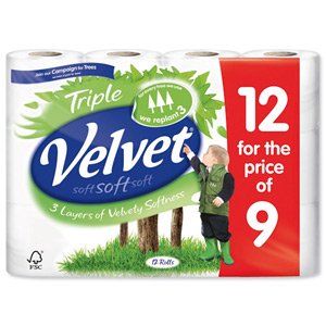 Triple Velvet Toilet Rolls White Ref VSCADVW12 [Pack 9]