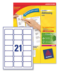 Avery Addressing Labels Laser Jam-free 21 per Sheet 63.5x38.1mm White Ref L7160-100 [2100 Labels]