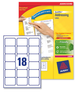 Avery Addressing Labels Laser Jam-free 18 per Sheet 63.5x46.6mm White Ref L7161-100 [1800 Labels]