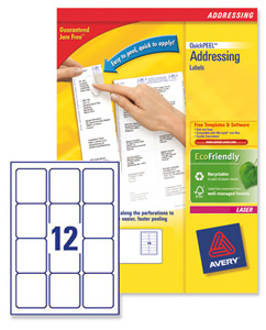 Avery Addressing Labels Laser Jam-free 12 per Sheet 63.5x72mm White Ref L7164-100 [1200 Labels]