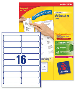 Avery Addressing Labels Laser Jam-free 16 per Sheet 99.1x33.9mm White Ref L7162-250 [4000 Labels]