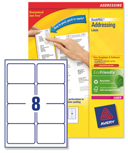 Avery Addressing Labels Laser Jam-free 8 per Sheet 99.1x67.7mm White Ref L7165-250 [2000 Labels]