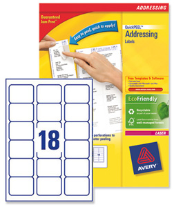 Avery Addressing Labels Laser Jam-free 18 per Sheet 63.5x46.6mm White Ref L7161-250 [4500 Labels]