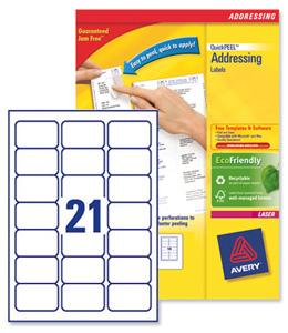 Avery Addressing Labels Laser Jam-free 21 per Sheet 63.5x38.1mm White Ref L7160-500 [10500 Labels]