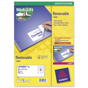 Avery Labels Removable Laser 12 per Sheet 99.1x42.3mm White Ref L4743REV-25 [300 Labels]