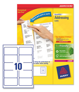 Avery Addressing Labels Laser Jam-free 10 per Sheet 99.1x57mm White Ref L7173-250 [2500 Labels]