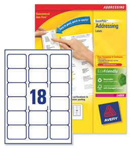 Avery Addressing Labels Laser Jam-free 18 per Sheet 63.5x46.6mm White Ref L7161-500 [9000 Labels]