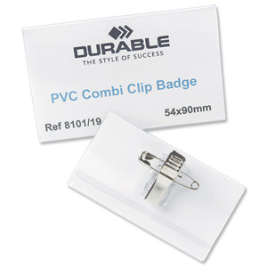 Durable Name Badges Combi Clip for Pin or Clip to Clothing 54x90mm Ref 8101-19 [Pack 50] Ident: 282H