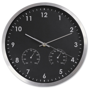 Wall Clock with Temperature and Hygrometry Dials Diameter 300mm Aluminium/Black