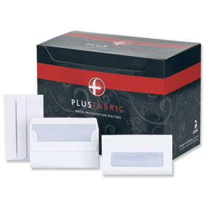 Plus Fabric Envelopes Wallet Press Seal Window 110gsm 89x152mm White [Pack 500]